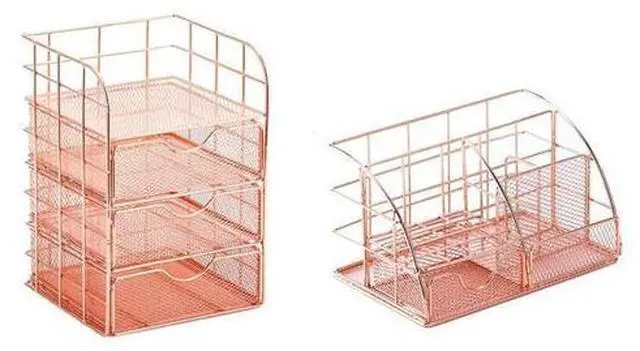 Main image of 2 Pcs Rose Gold Desk Storage Box Creative Desktop Shelf With Drawer And Metal Mesh Pen Holder For Office School And Home