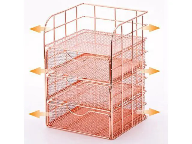 Alt view image 2 of 4 - 2 Pcs Rose Gold Desk Storage Box Creative Desktop Shelf With Drawer And Metal Mesh Pen Holder For Office School And Home