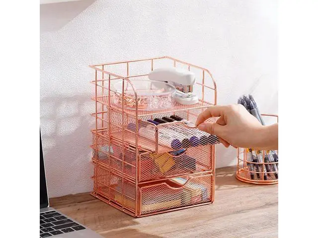 Alt view image 4 of 4 - 2 Pcs Rose Gold Desk Storage Box Creative Desktop Shelf With Drawer And Metal Mesh Pen Holder For Office School And Home