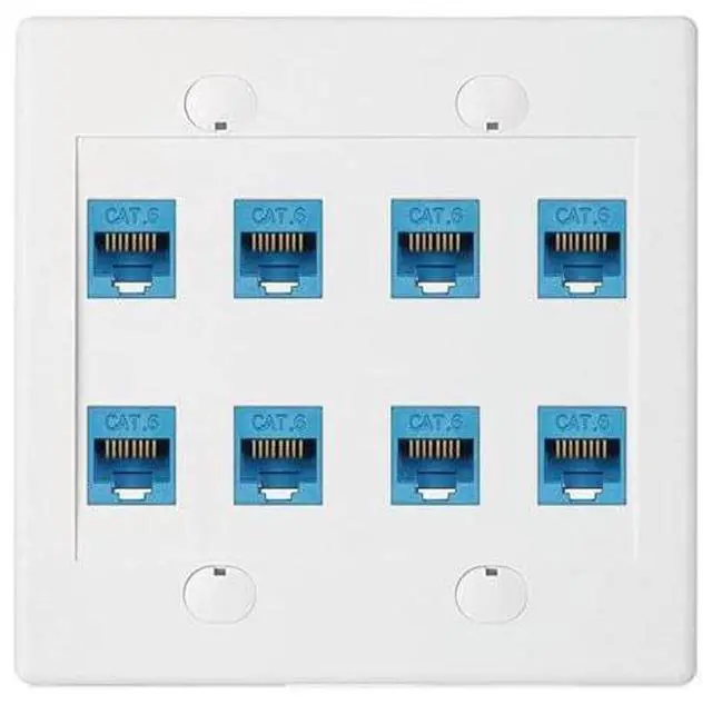 Main image of Ethernet Wall Plate 8 Port - Double Gang Cat6 RJ45 Keystone Jack Network Cable Faceplate Female to Female - Blue