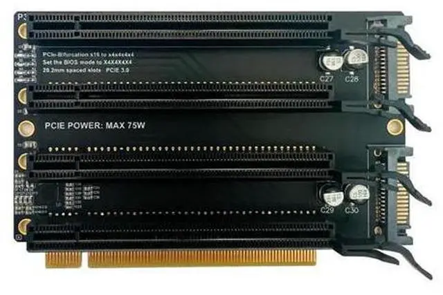 Main image of PCI-E 3.0 x16 1 to 4 Expansion Card Gen3 Split Card PCIe-Bifurcation x16 to x4x4x4x4 20.2mm Spaced Slots SATA Power Supply