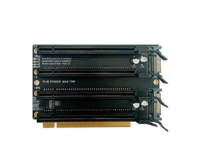 Alt view image 3 of 4 - PCI-E 3.0 x16 1 to 4 Expansion Card Gen3 Split Card PCIe-Bifurcation x16 to x4x4x4x4 20.2mm Spaced Slots SATA Power Supply