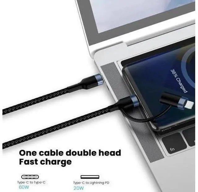 Alt view image 6 of 6 - 2in1 60W/20W PD USB Type C Cable for iPhone 13 12 11 Pro XS XR Fast Charging Charger for MacBook Type C USB C Data Wire Cord 1m