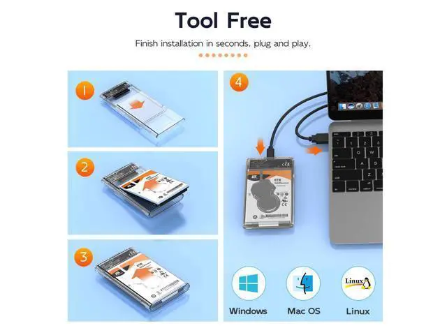 Alt view image 6 of 7 - External Hard Drive Enclosure for 7mm 9.5mm 2.5 inch SATA SSD/HDD, 5Gbps USB C to SATA Adapter Storage Case, 6TB Capacity (White)