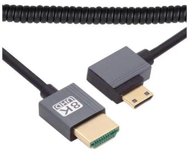 Main image of Cable Mini HDMI 2.1 Male to HDMI Male 8K 60hz Stretch Coiled Cable Left Angled 90 Degree for HDTV Computer Laptop Monitor
