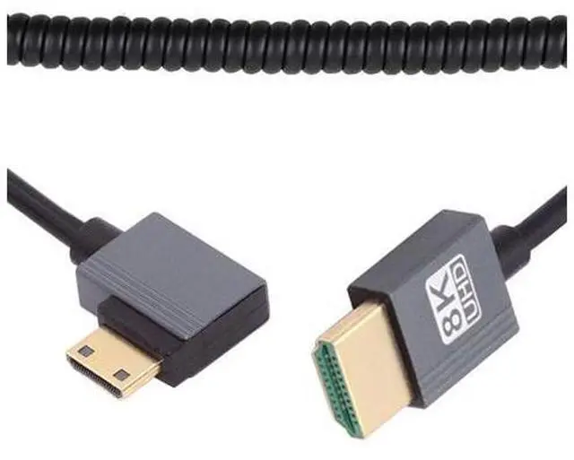 Main image of Cable Mini HDMI 2.1 Male to HDMI Male 8K 60hz Stretch Coiled Cable Right Angled 90 Degree for HDTV Computer Laptop Monitor