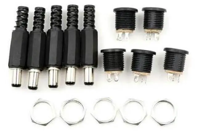 Main image of 10Pcs (5Pair) 12V 3A 5.5x2.1mm DC Power Male Plugs Connector DC Power Socket Female Jack Screw Nut Panel Mount Adapter 5.5*2.1mm