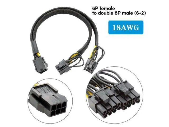 Alt view image 2 of 6 - GPU PCIe 6Pin Female to 2X 8Pin (6+2) Male PCIExpress Graphics Card Power Adapter 6P PCIE Extension Splitter Cable