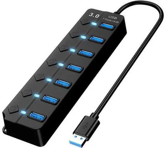Main image of USB 3.0 Hub, USB Port Hub 7 Ports USB Hub for PC, USB Splitter Extender with Individual On/Off Switches Compatible for MacBook, Laptop, Computer, Flash Drive, Mobile HDD, More (7Port USB 3.0 Hub)