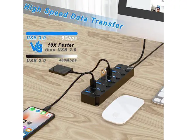 Alt view image 3 of 7 - USB 3.0 Hub, USB Port Hub 7 Ports USB Hub for PC, USB Splitter Extender with Individual On/Off Switches Compatible for MacBook, Laptop, Computer, Flash Drive, Mobile HDD, More (7Port USB 3.0 Hub)