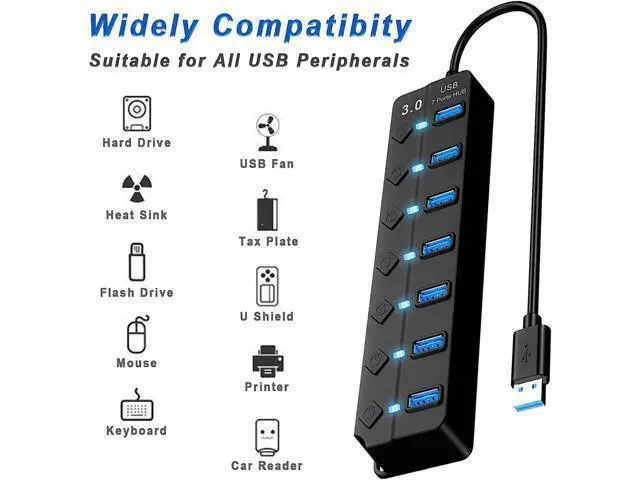 Alt view image 7 of 7 - USB 3.0 Hub, USB Port Hub 7 Ports USB Hub for PC, USB Splitter Extender with Individual On/Off Switches Compatible for MacBook, Laptop, Computer, Flash Drive, Mobile HDD, More (7Port USB 3.0 Hub)