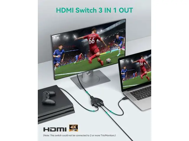 Alt view image 2 of 7 - HDMI Switch 4K, VILCOME 3 Port HDMI Switcher 3x1 HDMI Splitter Hub 3 in 1 Out with Pigtail Cable Supports 4K 3D HD 1080P for Xbox PS4 Roku HDTV