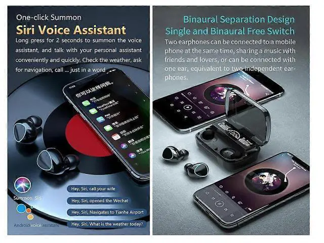 Alt view image 5 of 5 - TWS V5.1 Wireless Earbuds, 48H Playtime, Touch Control, Noise Cancelling In-Ear Headphones for Android/iOS (Black)