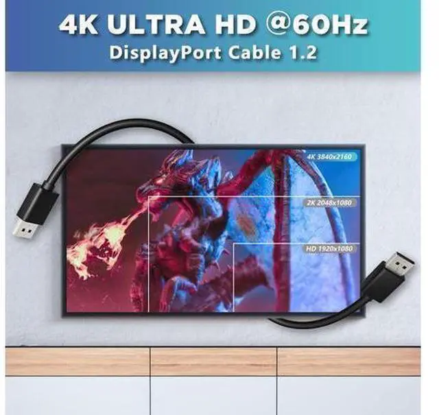Alt view image 2 of 7 - 4K DisplayPort Cable, 6 FT DP to DP Cable 1.2, High Speed 4K@60Hz 2K@165Hz @144Hz 1080p for PC TV Laptop Gaming Monitor