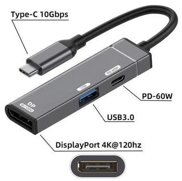 Alt view image 2 of 7 - Type-C to Displayport 4K@120hz & USB 3.0 OTG & Charger USB-C to Standard DP Converter Monitor Multiport Adapter with Female PD 60W Power Port