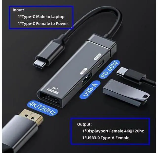 Alt view image 6 of 7 - Type-C to Displayport 4K@120hz & USB 3.0 OTG & Charger USB-C to Standard DP Converter Monitor Multiport Adapter with Female PD 60W Power Port