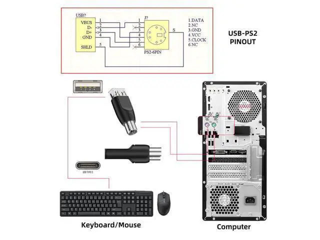 Alt view image 3 of 7 - 4pcs/lot USB 2.0 Type-A Type-C USB-C to PS2 Keyboard PS/2 Mouse Male to Female Adapter Mini-Din 6Pin
