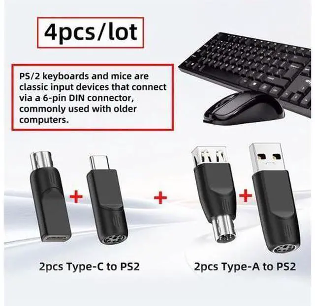 Alt view image 2 of 7 - 4pcs/lot USB 2.0 Type-A Type-C USB-C to PS2 Keyboard PS/2 Mouse Male to Female Adapter Mini-Din 6Pin