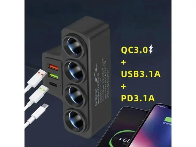 Alt view image 2 of 3 - 12V/24V Car Cigarette Lighter Adapter 4-Socket 3.1A Charger Charger USB Car USB+QC3.0+PD3.1A Accessories 120W Power Outlet