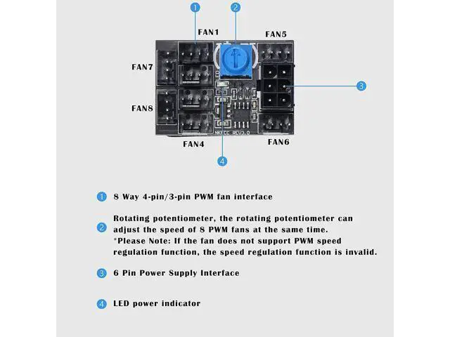 Alt view image 5 of 6 - 3 Pin 4 Pin Fan Adapter PWM PC Chassis Cooling Fan Hub 8 Way Splitter 12V Speed Controller with 6 Pin Power Port