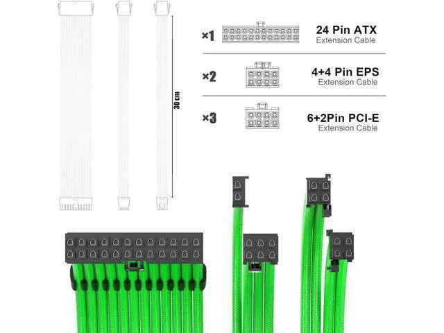 Alt view image 4 of 5 - PSU Cable Extension Kit 30CM Length with Combs,1x24Pin/2x8Pin(4+4) EPS/3x8Pin(6P+2P) PCI-E/PC Sleeved for ATX Power Supply,(Green)