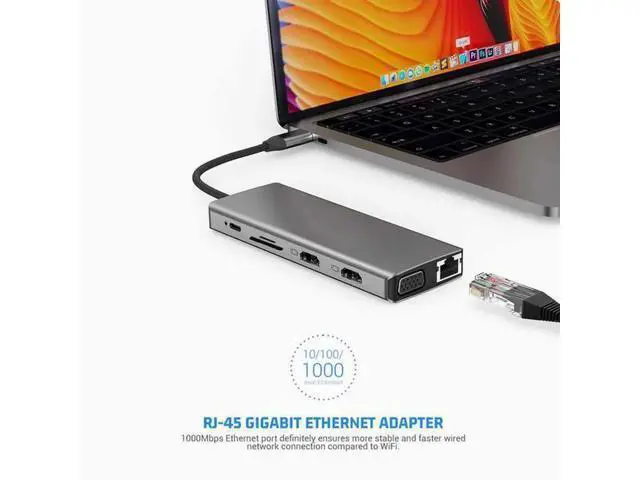 Alt view image 3 of 4 - 12-in-1 TYPE-C to dual HDMI 4K VGA port USB3.0 HUB converter Gigabit network port 10-in-1