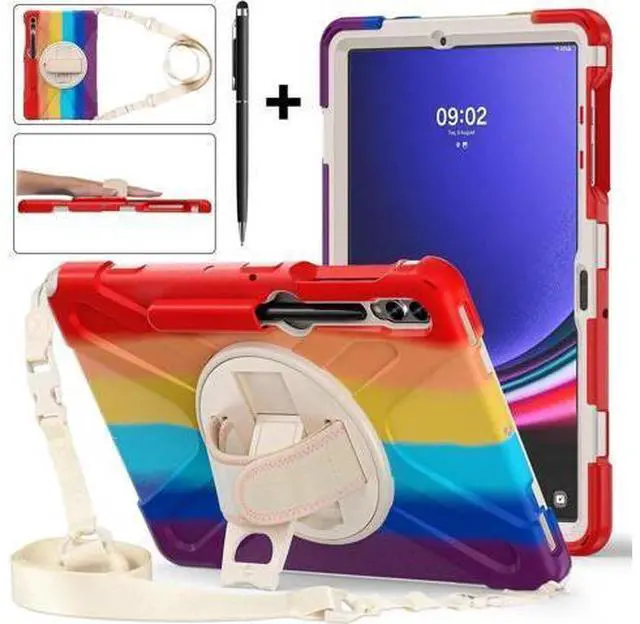 Main image of Protective Case for Samsung Galaxy Tab S9 Plus 2023 / S8 Plus 2022 / S7 FE 2021 / S7 Plus 2020 12.4 inch Tablet Shockproof Cover with 360 Degree Rotating Kickstand, Hand/Shoulder Strap Rainbow Red