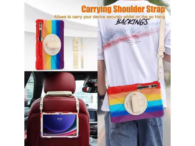 Alt view image 3 of 7 - Protective Case for Samsung Galaxy Tab S9 Plus 2023 / S8 Plus 2022 / S7 FE 2021 / S7 Plus 2020 12.4 inch Tablet Shockproof Cover with 360 Degree Rotating Kickstand, Hand/Shoulder Strap Rainbow Red
