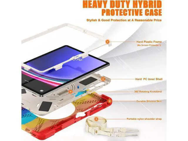 Alt view image 6 of 7 - Protective Case for Samsung Galaxy Tab S9 Plus 2023 / S8 Plus 2022 / S7 FE 2021 / S7 Plus 2020 12.4 inch Tablet Shockproof Cover with 360 Degree Rotating Kickstand, Hand/Shoulder Strap Rainbow Red