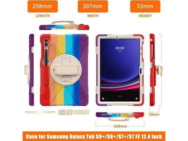 Alt view image 5 of 7 - Protective Case for Samsung Galaxy Tab S9 Plus 2023 / S8 Plus 2022 / S7 FE 2021 / S7 Plus 2020 12.4 inch Tablet Shockproof Cover with 360 Degree Rotating Kickstand, Hand/Shoulder Strap Rainbow Red