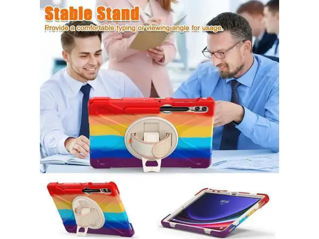 Alt view image 7 of 7 - Protective Case for Samsung Galaxy Tab S9 Plus 2023 / S8 Plus 2022 / S7 FE 2021 / S7 Plus 2020 12.4 inch Tablet Shockproof Cover with 360 Degree Rotating Kickstand, Hand/Shoulder Strap Rainbow Red