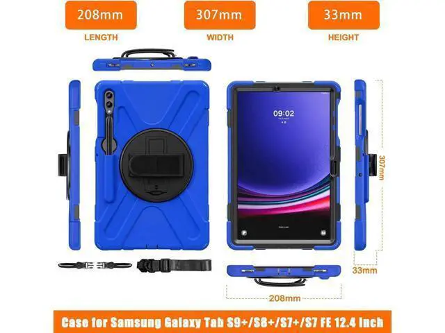 Alt view image 3 of 7 - Protective Case for Samsung Galaxy Tab S9 Plus 2023 / S8 Plus 2022 / S7 FE 2021 / S7 Plus 2020 12.4 inch Tablet Shockproof Cover with 360 Degree Rotating Kickstand, Hand/Shoulder Strap Blue
