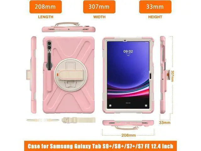 Alt view image 5 of 7 - Protective Case for Samsung Galaxy Tab S9 Plus 2023 / S8 Plus 2022 / S7 FE 2021 / S7 Plus 2020 12.4 inch Tablet Shockproof Cover with 360 Degree Rotating Kickstand, Hand/Shoulder Strap Pink