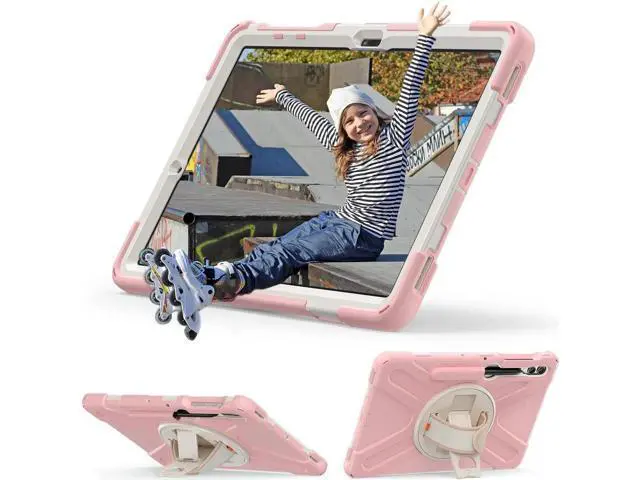 Alt view image 6 of 7 - Protective Case for Samsung Galaxy Tab S9 Plus 2023 / S8 Plus 2022 / S7 FE 2021 / S7 Plus 2020 12.4 inch Tablet Shockproof Cover with 360 Degree Rotating Kickstand, Hand/Shoulder Strap Pink