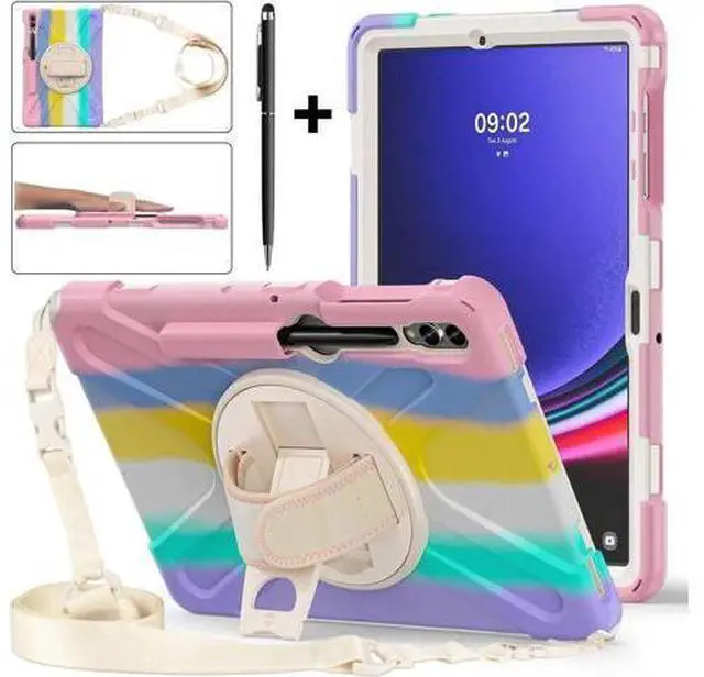 Main image of Protective Case for Samsung Galaxy Tab S9 Plus 2023 / S8 Plus 2022 / S7 FE 2021 / S7 Plus 2020 12.4 inch Tablet Shockproof Cover with 360 Degree Rotating Kickstand, Hand/Shoulder Strap Pink/White