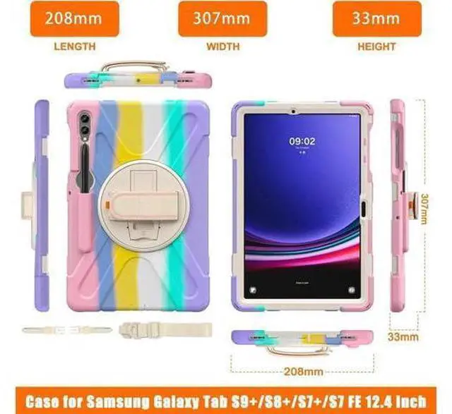 Alt view image 3 of 7 - Protective Case for Samsung Galaxy Tab S9 Plus 2023 / S8 Plus 2022 / S7 FE 2021 / S7 Plus 2020 12.4 inch Tablet Shockproof Cover with 360 Degree Rotating Kickstand, Hand/Shoulder Strap Pink/White