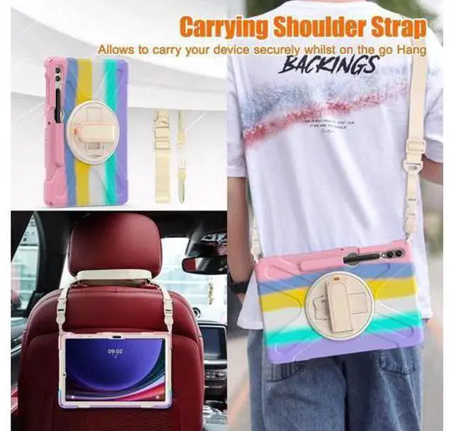 Alt view image 7 of 7 - Protective Case for Samsung Galaxy Tab S9 Plus 2023 / S8 Plus 2022 / S7 FE 2021 / S7 Plus 2020 12.4 inch Tablet Shockproof Cover with 360 Degree Rotating Kickstand, Hand/Shoulder Strap Pink/White