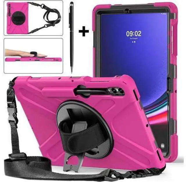 Main image of Protective Case for Samsung Galaxy Tab S9 Plus 2023 / S8 Plus 2022 / S7 FE 2021 / S7 Plus 2020 12.4 inch Tablet Shockproof Cover with 360 Degree Rotating Kickstand, Hand/Shoulder Strap Rose Red
