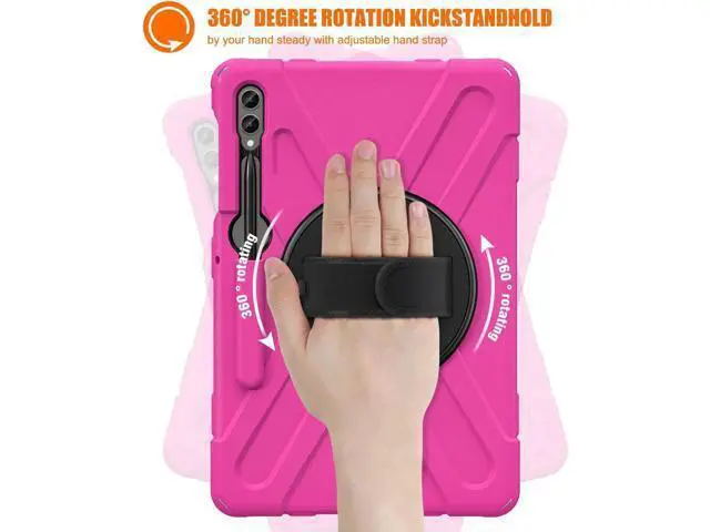 Alt view image 2 of 7 - Protective Case for Samsung Galaxy Tab S9 Plus 2023 / S8 Plus 2022 / S7 FE 2021 / S7 Plus 2020 12.4 inch Tablet Shockproof Cover with 360 Degree Rotating Kickstand, Hand/Shoulder Strap Rose Red