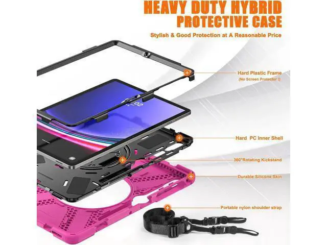 Alt view image 3 of 7 - Protective Case for Samsung Galaxy Tab S9 Plus 2023 / S8 Plus 2022 / S7 FE 2021 / S7 Plus 2020 12.4 inch Tablet Shockproof Cover with 360 Degree Rotating Kickstand, Hand/Shoulder Strap Rose Red