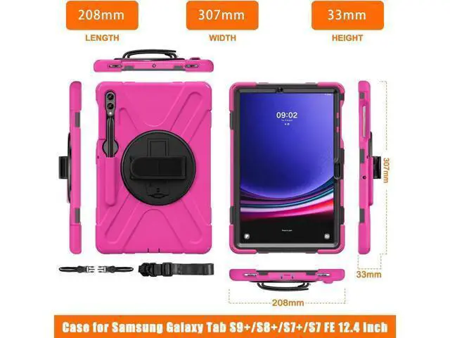 Alt view image 5 of 7 - Protective Case for Samsung Galaxy Tab S9 Plus 2023 / S8 Plus 2022 / S7 FE 2021 / S7 Plus 2020 12.4 inch Tablet Shockproof Cover with 360 Degree Rotating Kickstand, Hand/Shoulder Strap Rose Red