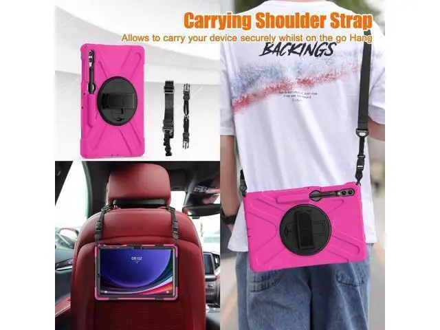 Alt view image 4 of 7 - Protective Case for Samsung Galaxy Tab S9 Plus 2023 / S8 Plus 2022 / S7 FE 2021 / S7 Plus 2020 12.4 inch Tablet Shockproof Cover with 360 Degree Rotating Kickstand, Hand/Shoulder Strap Rose Red