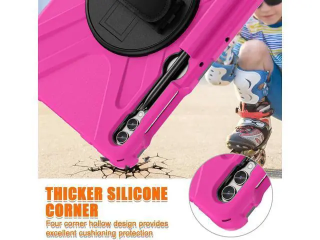 Alt view image 6 of 7 - Protective Case for Samsung Galaxy Tab S9 Plus 2023 / S8 Plus 2022 / S7 FE 2021 / S7 Plus 2020 12.4 inch Tablet Shockproof Cover with 360 Degree Rotating Kickstand, Hand/Shoulder Strap Rose Red