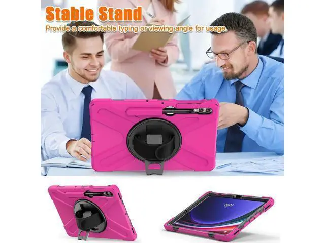Alt view image 7 of 7 - Protective Case for Samsung Galaxy Tab S9 Plus 2023 / S8 Plus 2022 / S7 FE 2021 / S7 Plus 2020 12.4 inch Tablet Shockproof Cover with 360 Degree Rotating Kickstand, Hand/Shoulder Strap Rose Red