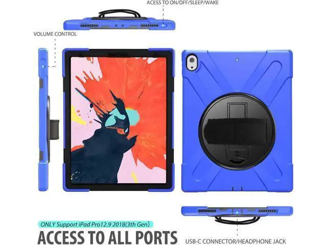Alt view image 3 of 7 - iPad Pro 12.9 Case 3rd Gen 2018 Heavy Duty Shockproof Protective Case Cover with 360 Degree Rotating Kickstand / Adjustable Hand Strap and Carrying Shoulder Strap for iPad Pro 12.9 3rd Generation Blue