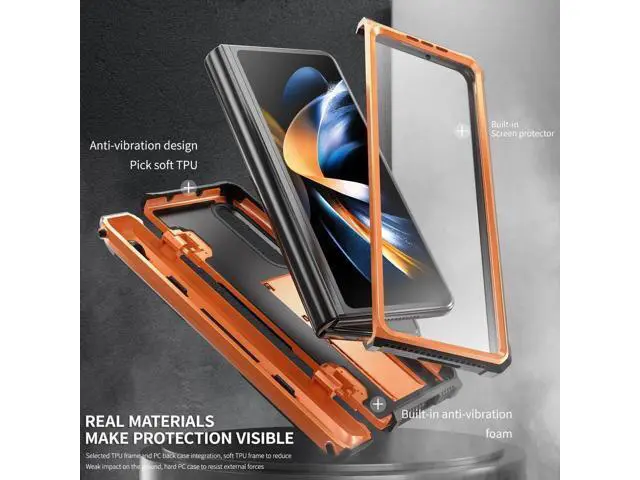 Alt view image 2 of 7 - Case for Samsung Galaxy Z Fold 4 2022 5G, Military-Grade Full-Body Shockproof Rugged Bumper Case Cover with Built-in Screen Protector & Kickstand & S Pen Slot Orange