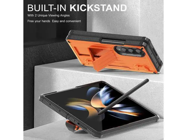Alt view image 7 of 7 - Case for Samsung Galaxy Z Fold 4 2022 5G, Military-Grade Full-Body Shockproof Rugged Bumper Case Cover with Built-in Screen Protector & Kickstand & S Pen Slot Orange