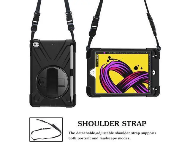 Alt view image 7 of 7 - iPad Mini 5 Case 2019 iPad Mini 4 Case with Pencil Holder Shockproof 360 Degree Rotation Cover with Kickstand Hand Strap Shoulder Strip Protective Case for iPad Mini 5th iPad Mini 4th Generation