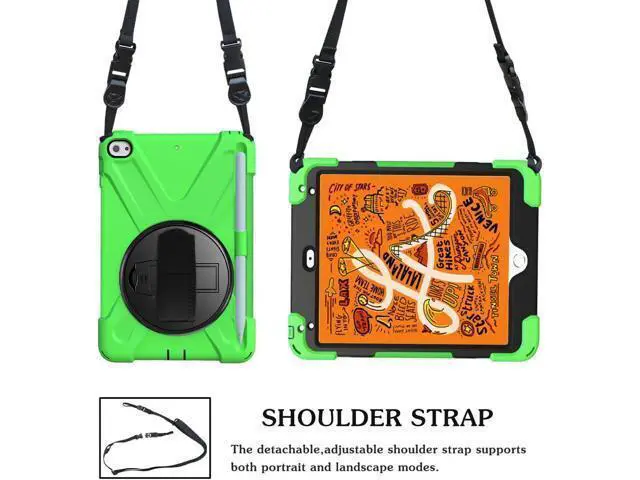 Alt view image 7 of 7 - iPad Mini 5 Case 2019 iPad Mini 4 Case with Pencil Holder Shockproof 360 Degree Rotation Cover with Kickstand Hand Strap Shoulder Strip Protective Case for iPad Mini 5th iPad Mini 4th Generation Green