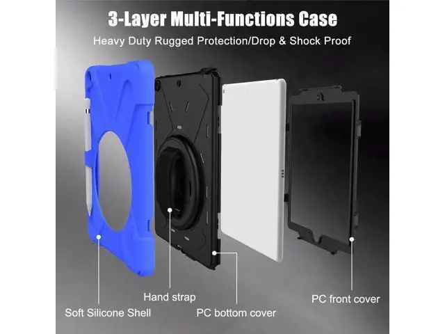 Alt view image 4 of 7 - New iPad 10.2 Case 2019 iPad 7th Generation Case Cover with Pencil Holder / Rotatable Stand / Hand Strap and Shoulder Belt Shockproof Case for iPad 10.2 inch 2019 Tablet A2197 A2198 A2200 Blue